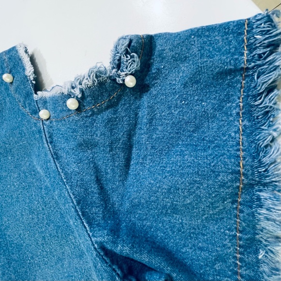 🌸3 for $30 Denim Mini Dress Size M details pearls embroidery distressed jeans - Picture 15 of 15